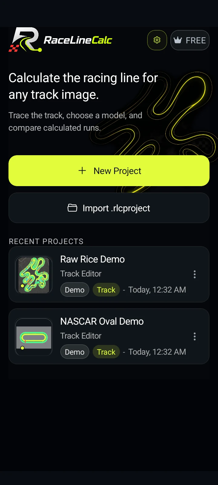 RaceLineCalc app home screen